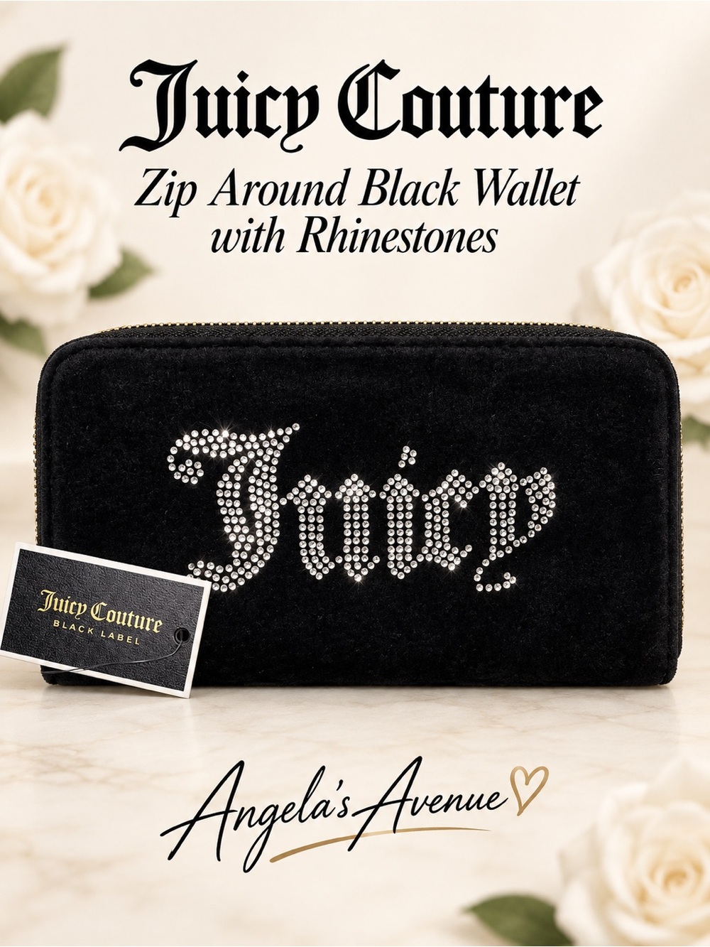 Juicy Couture Zip Around Black Wallet with Rhinestones NEW
